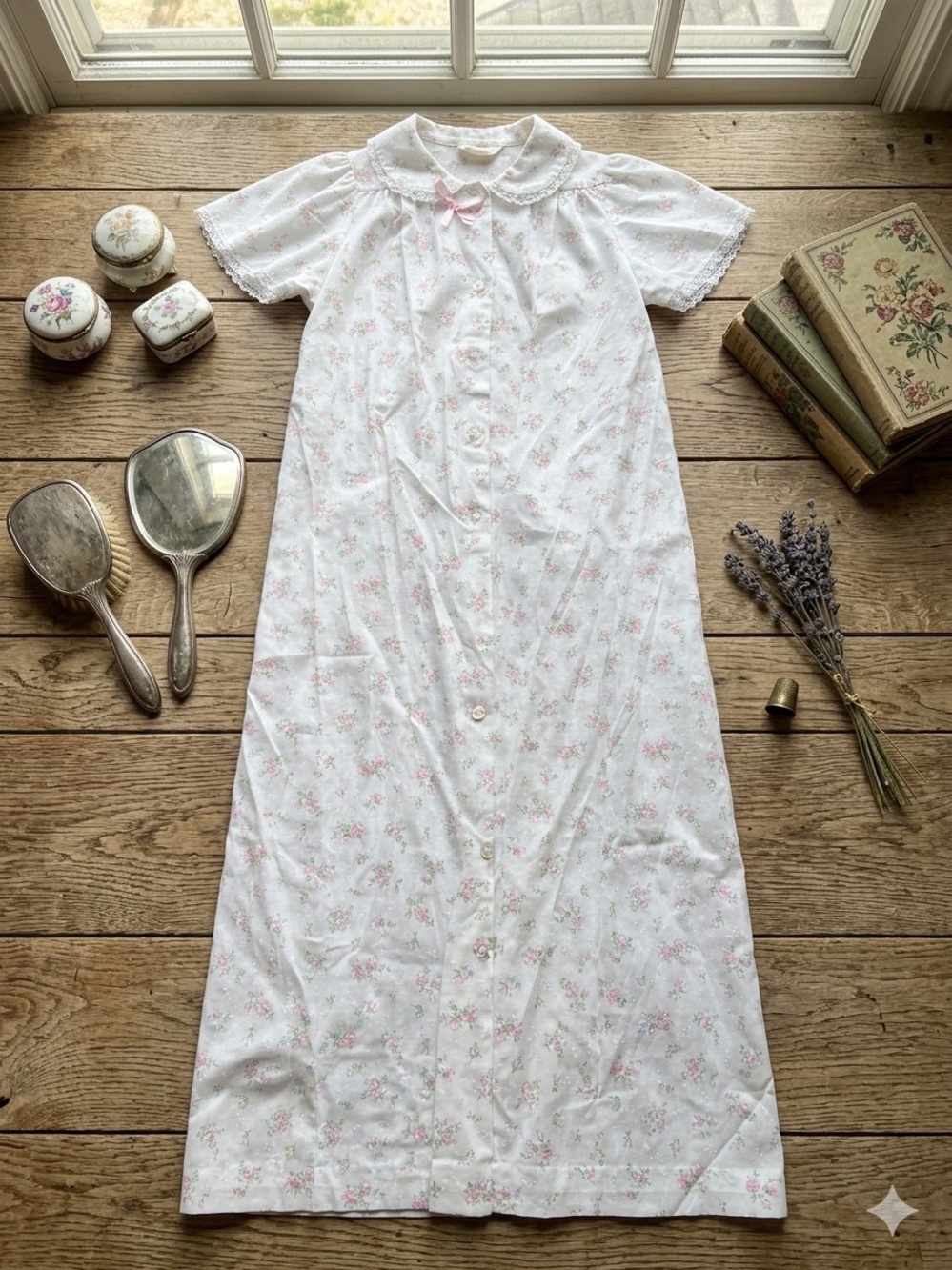 jcpenney Vintage White Nightgown with Pink Floral Print and Peter Pan Collar
